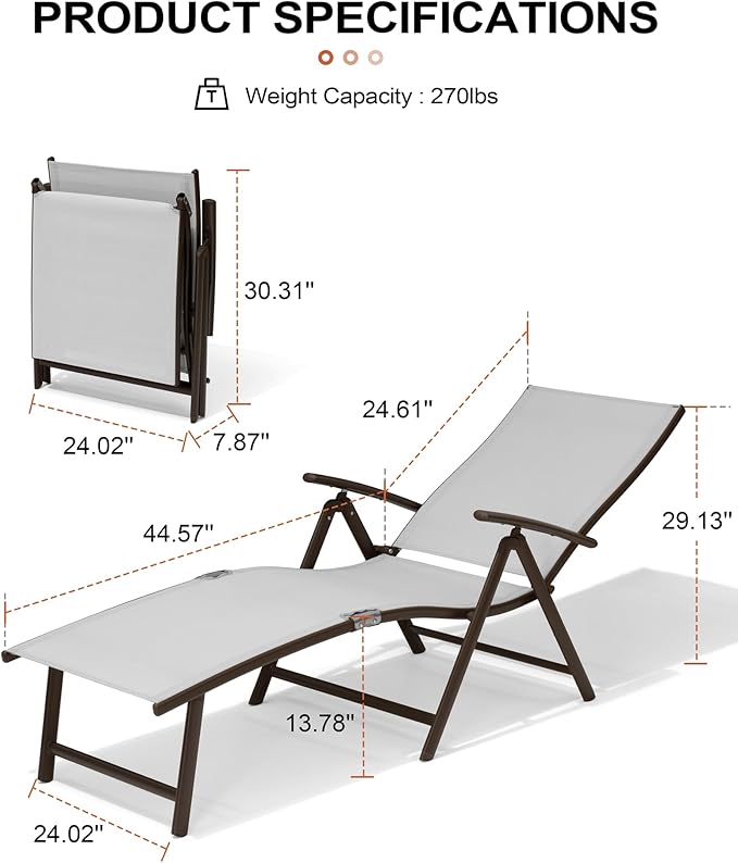 Crestlive Products 2PCS Chaise Lounge Chair Outdoor with 1PC Side Table, Aluminum Folding Patio Recliner Chair, Adjustable 8 Positions Assemble-Free