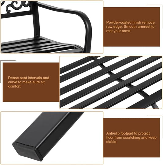 50" Outdoor Garden Bench, Cast Iron Metal Frame Patio Park Bench with PVC Butterfly Pattern Backrest,Arch Legs for Park Yard Front Porch Path Yard Lawn Decor Deck Furniture, Black