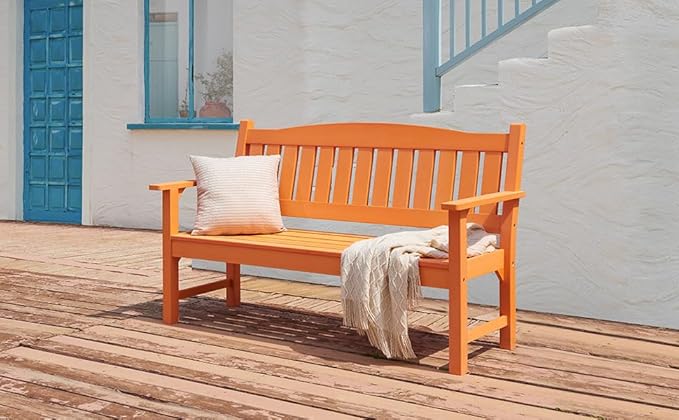 Psilvam 2-Person Outdoor Memorial Bench, All-Weather Poly Lumber Garden Bench, Rot-Resistant Outdoor Patio Bench for Park,Porch,and Church (Orange)