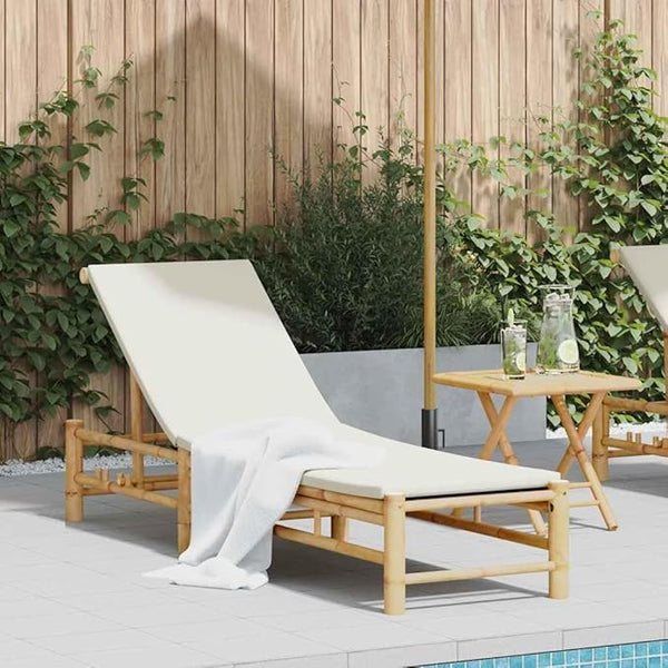 Adjustable Sun Lounger with Cushions, Cream White Bamboo Outdoor Chaise Lounge for Poolside and Garden - Photo 1