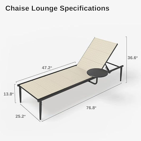 East Oak Textilene Outdoor Chaise Lounger, Aluminum Patio Lounge Chairs with Side Table, 5-Position Adjustable Lounge Chaise for Outside, Recliner Chair for Pool, Beach, Backyard, Porch, Lawn