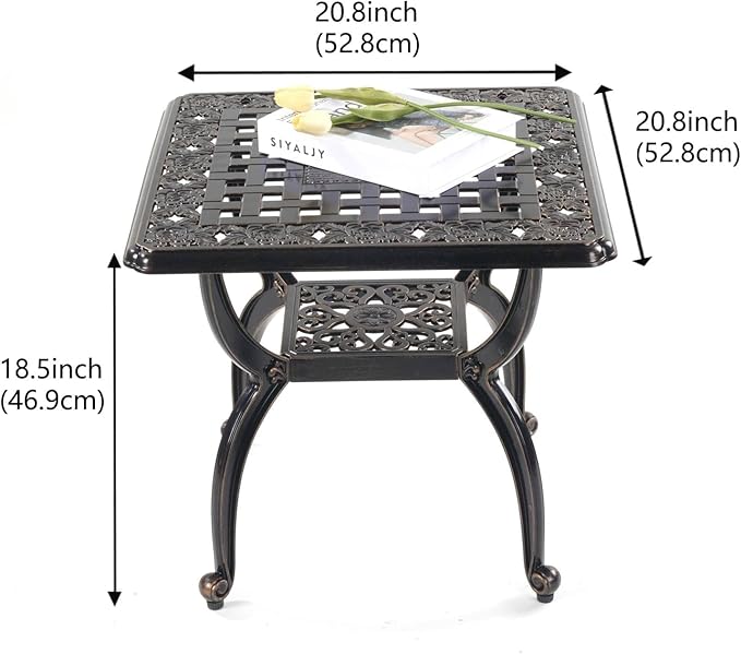 Square Outdoor Coffee Table Set of 2, Cast Aluminum Side Table with Storage,Indoor End Table, All-Weather Bistro Table for Patio Garden Lawn, Bronze