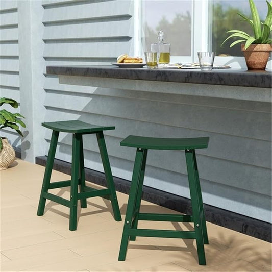 Costaelm All-Weather Bar Stools Set of 2, 24" Height Outdoor Bar Stools, Adirondack Poly Patio Bar Stool for Patio, Deck, Kitchen Counter and Garden, Dark Green