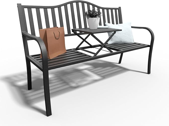 YLGJ&TIDY 50 Inches Patio Bench Outdoor Metal Bench with Stripe Pattern Backrest Armrest Rust-Resistant Pull-Out Table Outdoor Porch Benches for Garden Park Lawn Yard Front Porch (BENCH04 2PK)