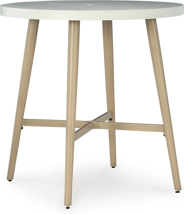 Signature Design by Ashley Seton Creek Casual Outdoor Bar Table with Umbrella Hole, Beige & White - Photo 1