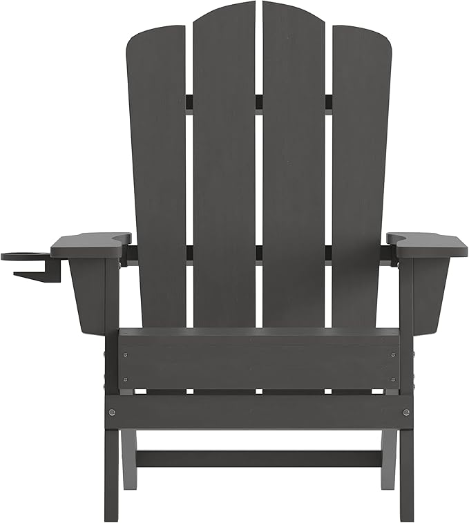 Flash Furniture Newport Adirondack Chair with Cup Holder, Weather Resistant Poly Resin Adirondack Chair, Gray