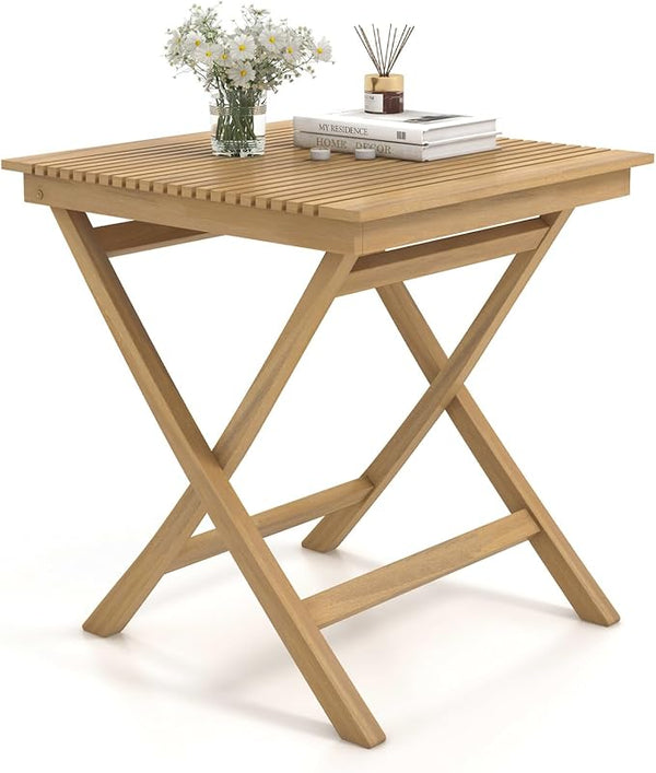 Tangkula 27.5 Inch Teak Wood Patio Dining Table, Square Outdoor Bistro Table with Slatted Tabletop - Photo 1
