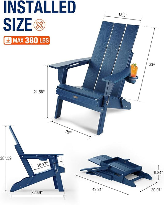 Adirondack Chair with Cup Holder: Folding Adirondack Chairs Plastic HDPE Material Furniture - Modern Composite Fire Pit Chairs Foldable for Outdoor/Backyard/Garden/Lawn/Deck/Porch/Patio