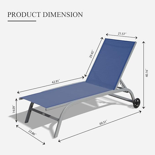 Domi Pool Lounge Chairs Set of 2, Adjustable Aluminum Outdoor Chaise Lounge with Wheels Patio Lounge Chairs, All Weather for Deck Lawn Poolside Backyard-Navy Blue Textilene