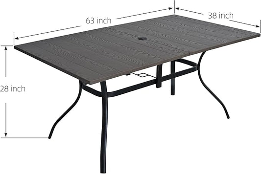 Outdoor Rectangle Dining Table 6-Person with 1.57" Umbrella Hole Metal Steel Backyard Bistro Table for Garden, Poolside, Backyard, Brown