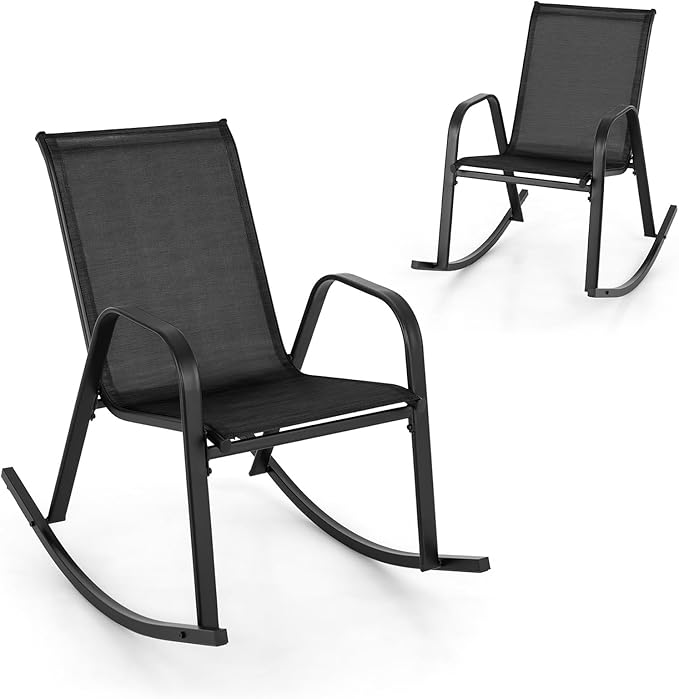 Giantex Outdoor Rocking Chairs Set of 2, Patio Rocking Chairs w/Breathable Seat & Back, Heavy-Duty Metal Support, Ergonomic Outside Rocker for Backyard, Poolside, Garden (1, Black)