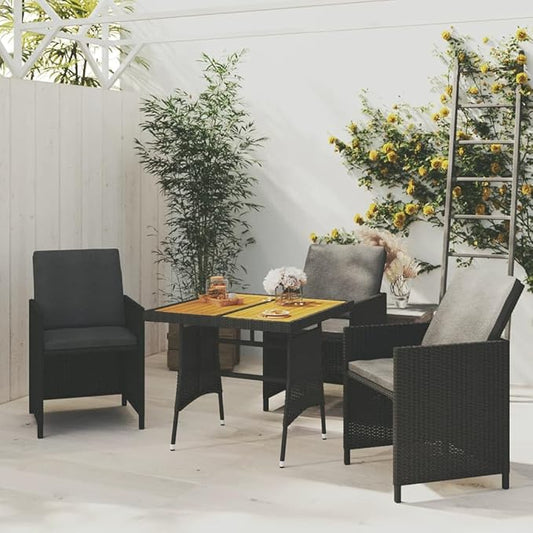 vidaXL Outdoor Patio Table - 27.6"x27.6"x28.3", Weather-Resistant Poly Rattan Detailing & Solid Acacia Wood Tabletop, Powdered Steel Frame, Lightweight - Black