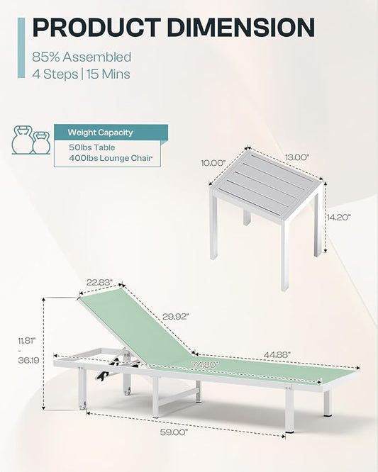 Aluminum Outdoor Lounge Chairs Set of 2, Pool Lounge Chairs with Wheels and 5-Position Recliner -Easy to Move- Patio Chaise Lounge Outdoor for Poolside, Deck, Beach (LightGreen)