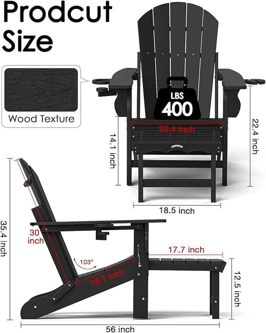 Folding Adirondack Chair with Ottoman, Recyclable HDPE Adirondack Patio Chair with 2 Cup Holder, Outdoor Fire Pit Chairs with Pull Out Footrest, Weather Resistant for Garden, Deck, Poolside,Black
