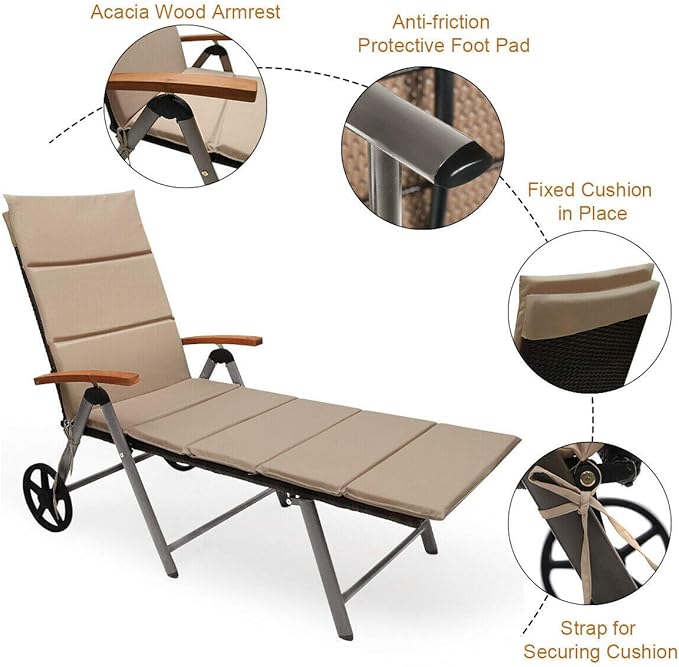 Outdoor Chaise Lounge with 2 Wheels for Easy Movement Folding Recliner 7 Adjustable Position Rattan Lounge Chair Heavy Duty Aluminum Tube Construction Perfect for Patio Garden Beach Pool Side Using