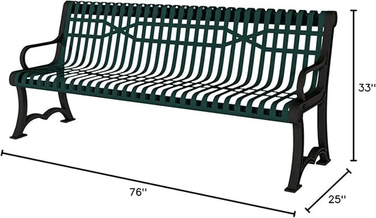 COATEDOUTDOORFURNITURE Coated Outdoor Furniture Heavy-Duty Outdoor Bench Thermoplastic Coated, Slatted Steel, Commercial-Grade Garden Bench, Made in America (Portable with Back, 4 Ft, Textured Green)