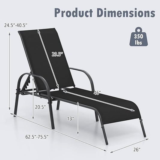 Nightcore Chaise Lounge Chair Outdoor, Pool Chair with 5 Adjustable Backrest, Patio Lounge Chairs with Breathable Fabric, Comfortable Armrest, Chaise Lounge for Patio, Pool, Bench (2, Black)