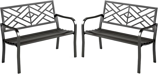 MFSTUDIO Outdoor Metal Bench Set of 2, Garden Patio 43.7 Inches Cast Iron Metal Frame Park Outside Benches with Geometric Pattern Backrest for Front Porch, Black