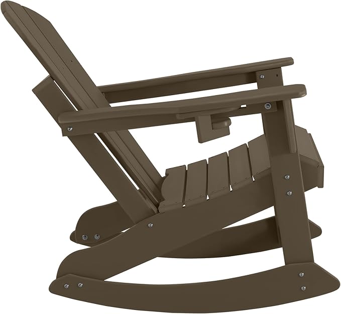 Outdoor Rocking Chair, HDPE Poly All-Weather Patio Rocking Chairs with Cup Holder for Adults, Porch Rocker for Deck Patio Balcony, 440lbs, Dark Brown