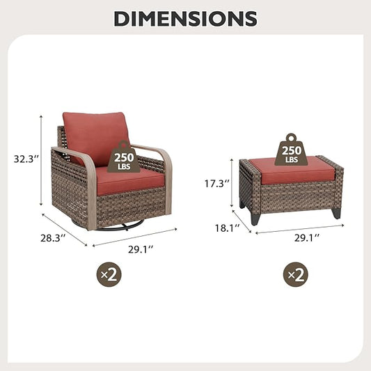 EAGLE PEAK Modern Wicker Outdoor Glider Rocking Chair, Swivel Rocker, Rattan Patio Furniture for Yard Deck Porch Garden, 2 Chairs 2 Ottomans, 4 Piece, Brown/Red
