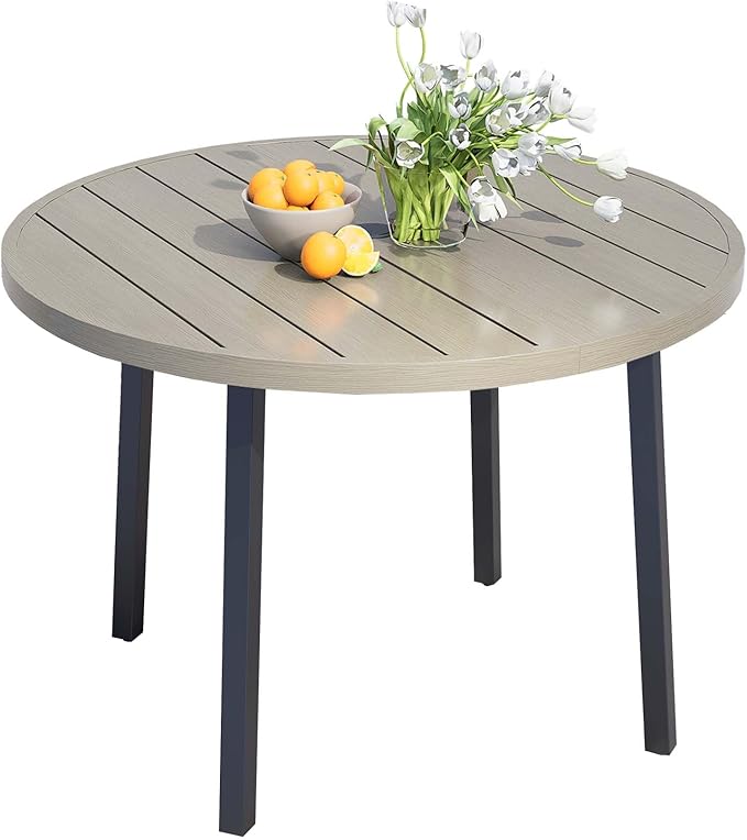 42" Round Patio Dining Table for 4, All-Weather Metal Patio Table with Umbrella Hole, Outdoor Round Dining Table for Lawn Garden Porch, Honey Oak