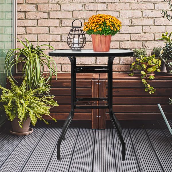Outdoor Bar Table with Umbrella Hole, End Table with Glass Top, Patio Coffee Bistro Table for Indoor Garden Porch Balcony (Black, Square 31x31x40in)
