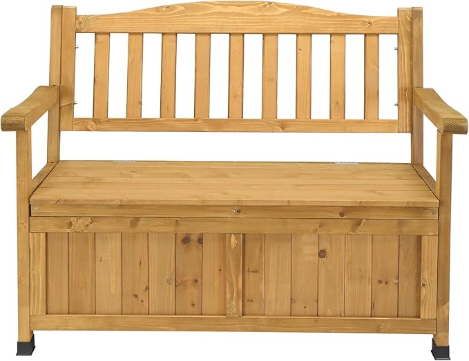 44" Large Wood Deck Box,Outdoor Garden Storage Container,Wooden Outdoor Patio Storage Bench,Patio Furniture Storage Bench,with Backrest & Armrest,for Porch Yard Lawn Poolside Backyard (Yellow)