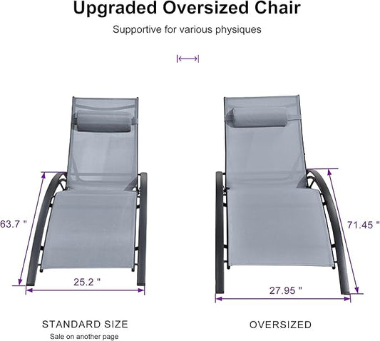 PURPLE LEAF Patio Oversized Chaise Lounge Chair Set with Side Table Poolside Adjustable Recliner Chairs for Outside Beach Outdoor Pool Sunbathing Tanning Lounger, Light Grey