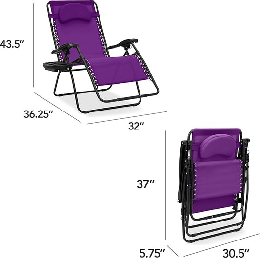 Best Choice Products Oversized Zero Gravity Chair, Folding Outdoor Patio Lounge Recliner w/Cup Holder Accessory Tray, Pillow - Amethyst Purple