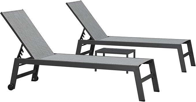 PURPLE LEAF Patio Chaise Lounge Set 2 Pieces Textilene Pool Lounge Chairs with Wheels Sunbathing Chair for Outdoor Yard (2 Mix Gray Lounges W/Side Table)