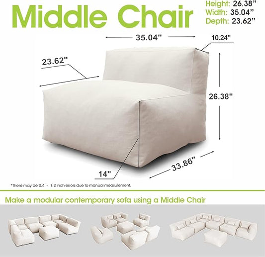 Dineli Modern ANNY-H Middle Chair Armless Chair Outdoor Furniture Comfy Patio Couch Sofa Outdoor Bean Bag Chair Creating a Unique Garden Modular Contemporary Sofa, Lazy Sofa for Outside (Light Beige)