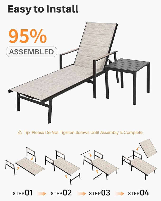 3-Piece Outdoor Chaise Lounge Set, Never-Rust Aluminum Patio Lounge Chairs with Side Table, Double-Layer Textilene Pool Lounge Chairs, Adjustable Backrest Sunbathing Loungers for Beach, Garden