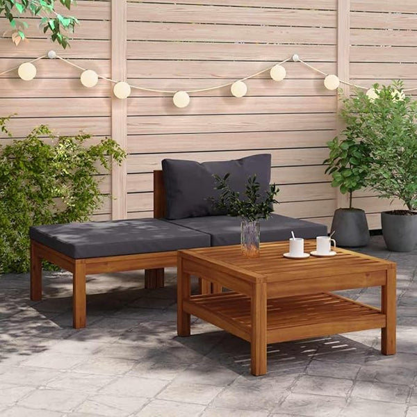 Dark Grey Solid Acacia Wood Outdoor Lounge Set with Cushions and Footrest, 2-Piece Garden Patio Furniture for Balcony - Photo 1