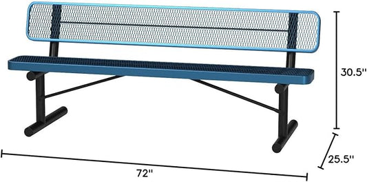 COATEDOUTDOORFURNITURE Heavy-Duty Portable Outdoor Bench Thermoplastic Coated, Expanded Metal, Commercial-Grade Seating, Made in America (Portable with Back, 6 Ft, Light Blue)