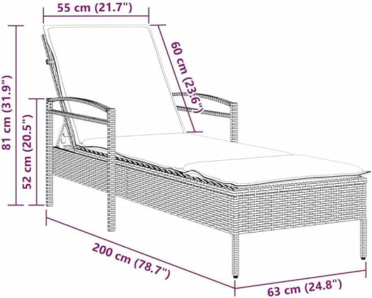 Modern Sun Lounger Chair for Patio, 1-Person Outdoor Chaise Lounge with Cushion, Brown Poly Rattan Wicker & Steel Frame, Waterproof Furniture for Poolside, Garden, (78. 74L 24. 80W 31. 89H in)
