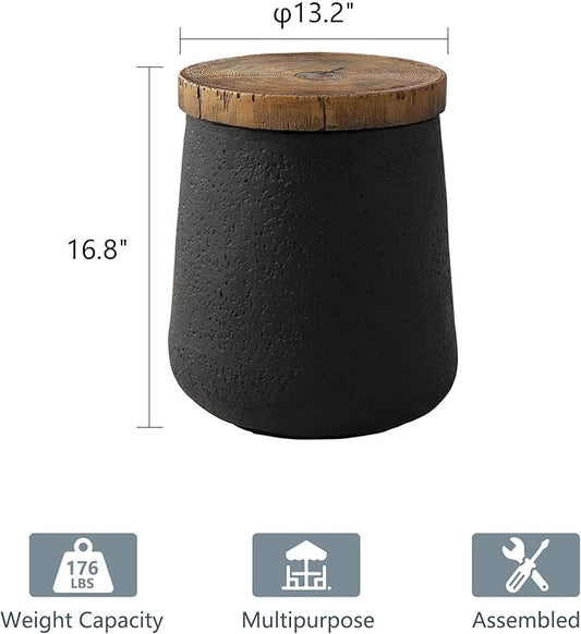 COSIEST Drum End Table Cylinder Shaped Concrete Side Table Faux-Wood Top, Black Outdoor Accent Table with Tree Trunk Slice Hand Painted, Accent Stool