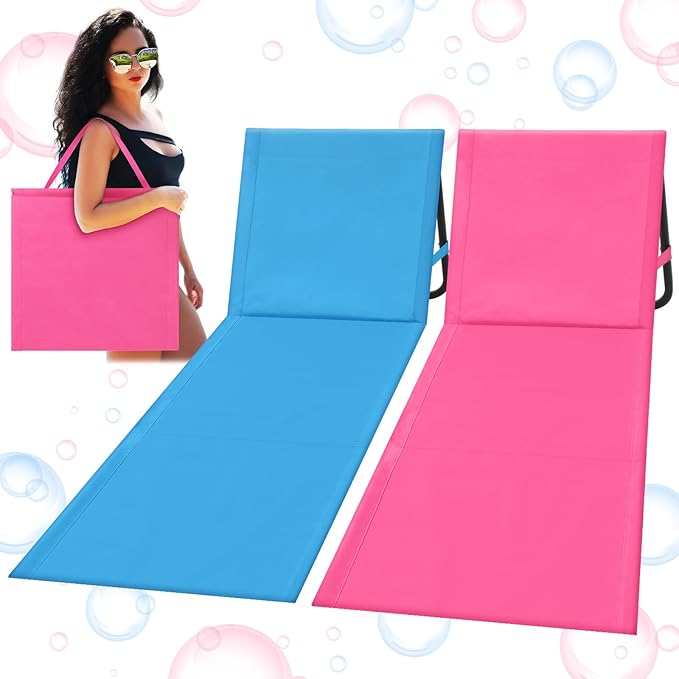 2 Pack Folding Beach Lounge Chair for Adults Couple Portable Sun Lounger Lightweight Tanning Mat with Storage Pocket Adjustable Position Lawn Chairs Patio Chaise Outdoor Sunbathing Camping