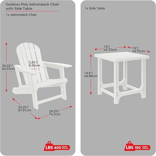 Costaelm Cayman 2-Piece HDPE Plastic Adirondack Patio Chair Set with 18" Side Table, White