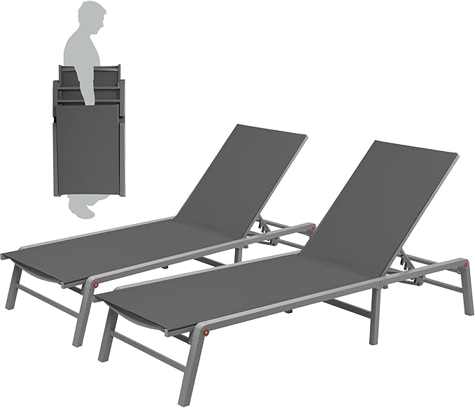 Kozyard 2-Pack Outdoor Lounge Chairs, Foldable Aluminum Frame Patio Chaise Lounge with 5-Position Adjustable Backrest, Assemble-Free, Breathable Textilene Fabric for Poolside Beach (Gray, No Table)