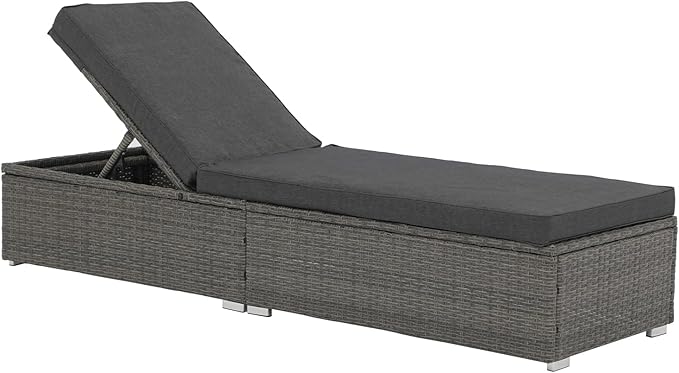 JOIVI Outdoor Chaise Lounge Chair, Patio Pool Lounge Chairs for Outside, Rattan Reclining Chaise Lounger with Adjustable Backrest and Removable Dark Gray Cushion, Gray PE Wicker