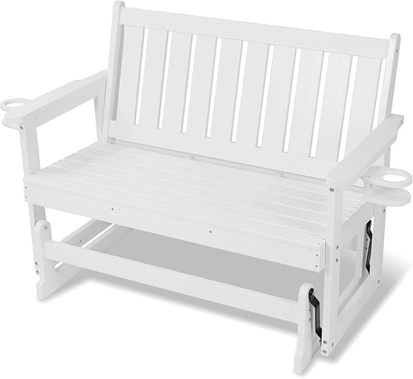 Poly Lumber Patio Glider, HIPS Material Weather-Resistant Swing Bench for Outdoor Porch Garden, White - Photo 1