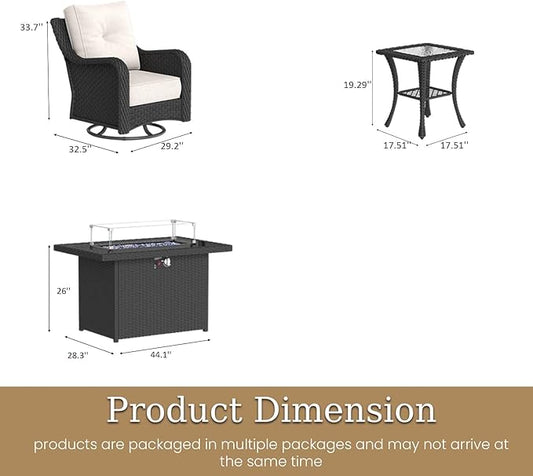 7 Piece Patio Furniture Set with Fire Pit Table, All-Weather Wicker Outdoor Conversation Set with Swivel Rocking Chair and 6 Inch Thick Cushions