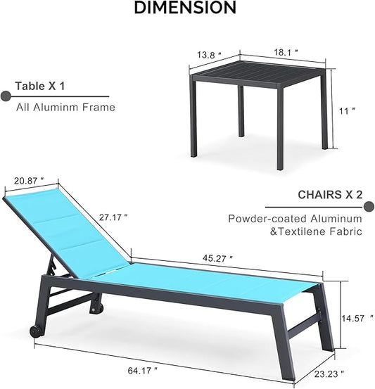 PURPLE LEAF Outdoor Chaise Lounge Set of 2 Aluminum Patio Lounge Chair with Wheels and Side Table Pool Chaise Lounge Chair for Outdoor Backyard Poolside Turquoise Blue