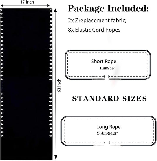 Ostlttyn Zero Gravity Chair Replacement Fabric Kits Set of 2, 17" Repair Cloth with Replacement Bungee Cord for Anti Gravity Sling Outdoor Folding Lounge Lawn Chairs, Black