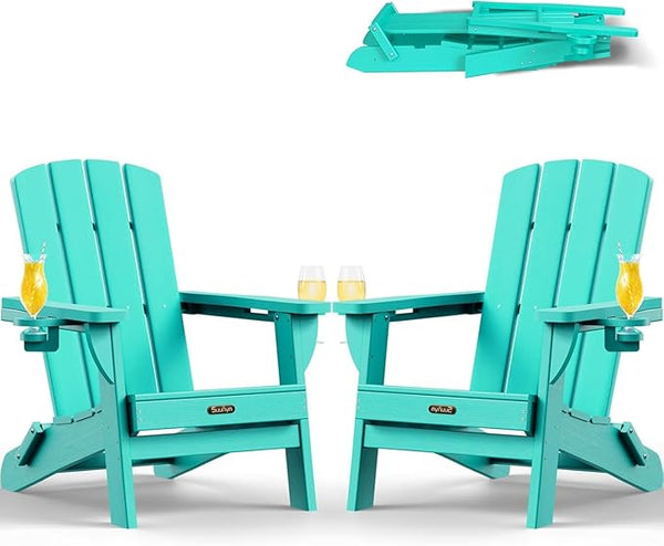 Folding Adirondack Chair 2 Pack, HDPE All-Weather Fire Pit Chairs, Plastic Adirondack Chairs with 2 Cup Holder - Photo 1