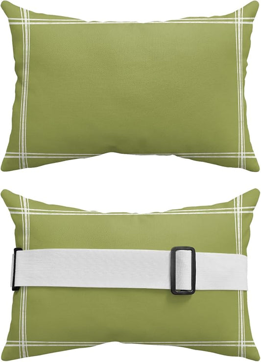 T&H XHome Outdoor Pillow for Chaise Lounge Chair, Solid Color Olive Waterproof Headrest Pillow Lumbar Pillows with Insert & Adjustable Elastic Strap for Beach, Poolside, Patio, Office (2 Pack)