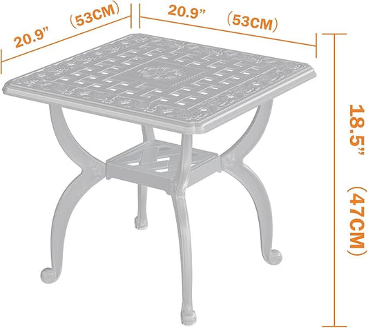 Square Outdoor Coffee Table, Cast Aluminum Side Table with Storage,Indoor End Table, All-Weather Bistro Table for Patio Garden Lawn,White