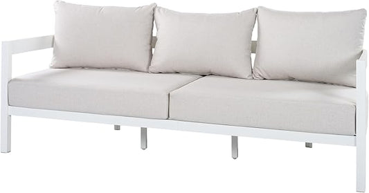 Merax 75.8" Modern Curved Outdoor Aluminum 3-Seater Sofa, Full-Size Patio Couch with Weather-Resistant Cushions for Porch, Lawn, Backyard, Balcony, White