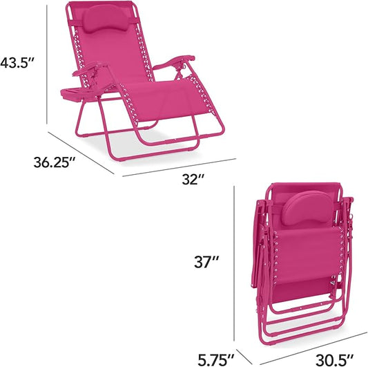 Best Choice Products Oversized Zero Gravity Chair, Folding Outdoor Patio Lounge Recliner w/Cup Holder Accessory Tray, Pillow - Ultimate Pink