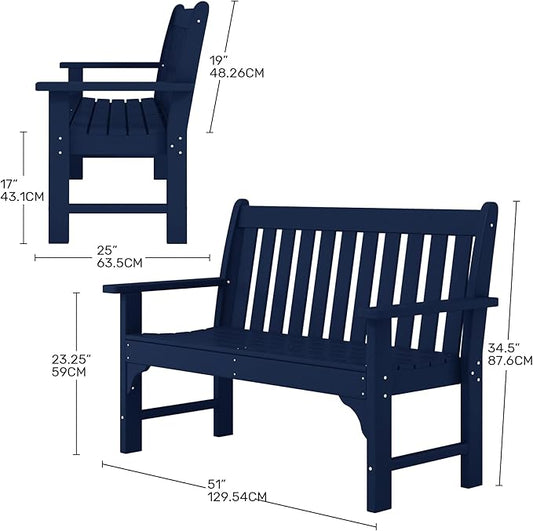 Costaelm Garden Bench, Farmhouse Park Front Porch for Entryway Bench Outdoor Seating Low Bench Patio Bench Outside/Indoor, Navy Blue